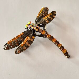 Dragonfly Rhinestone Brooch in Amber and Aurora Borealis Crystals